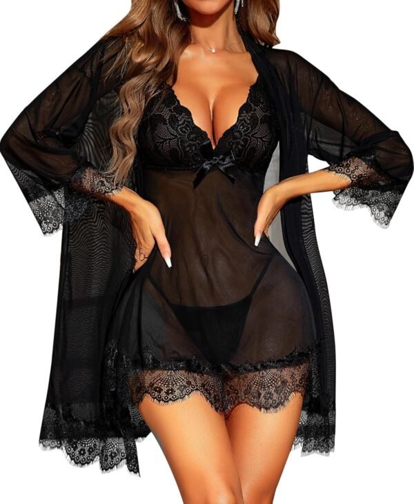 RSLOVE Nuisette Sexy Femme Robe de Nuit Lingerie Babydoll avec G-String Ensemble Lingerie Dentelle Feminin 3 Pièces