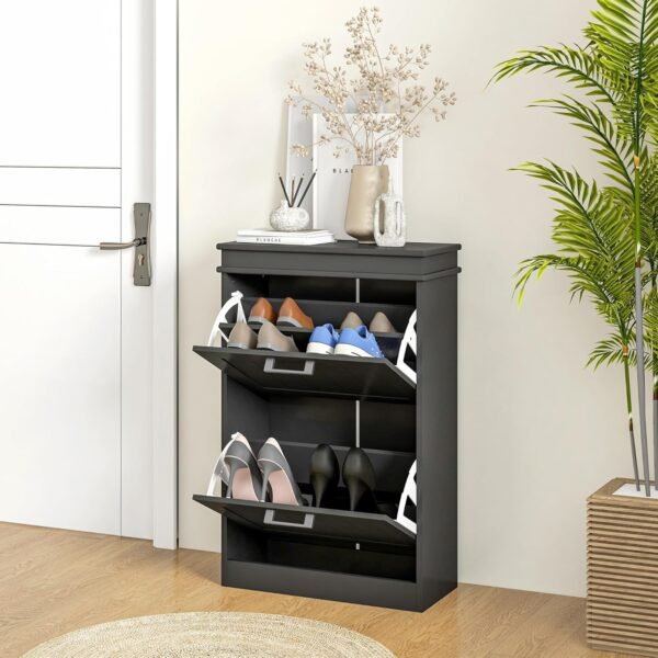 HOMCOM Meuble à Chaussures, Armoire à Chaussures, 2 Portes abattants, étagères réglables, pour entrée, Couloir, 54 x 24 x 82,5 cm, Noir – Image 9