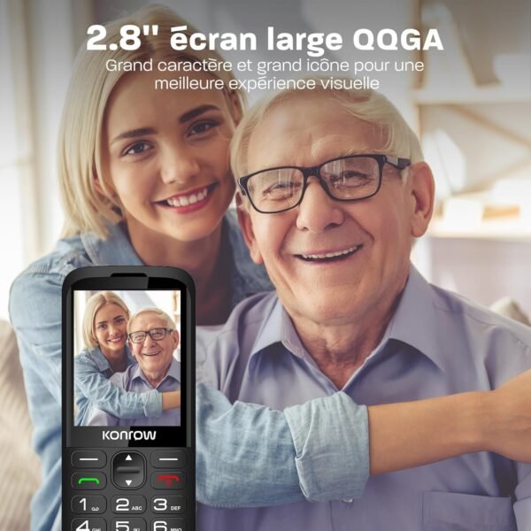 Konrow Senior 280 - Grosses Touches - Très Facile d'Utilisation - Écran 2,8'' Lisibilité Optimale - Double Sim - Station de Charge - Bouton SOS - Appareil Photo et Bluetooth - 32Mo RAM - Noir – Image 6