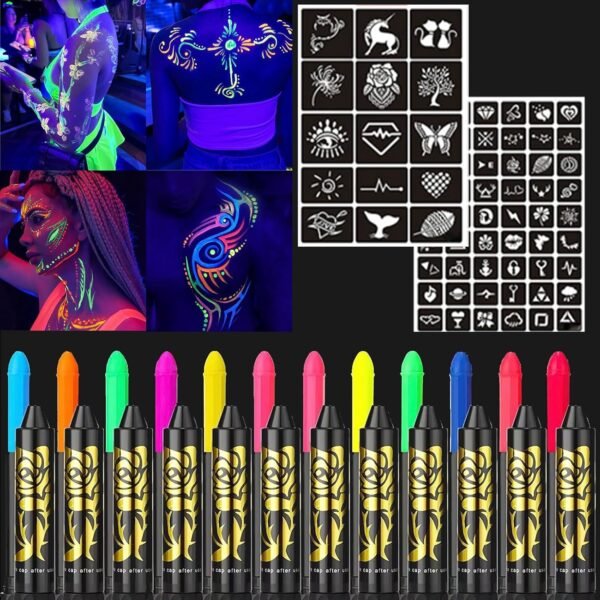 HISUNBEN Peinture Fluorescents UV Comprend 70 Modèles,Maquillage Enfant 12 Crayons De Peinture UV Néon Pour Le Visage Et Le Corps, Lavables Non Toxiques,Enfants et Adultes pour Halloween,Carnaval,Noël