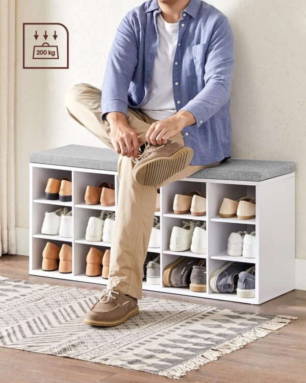 VASAGLE Banc à Chaussures, Organiseur de Chaussures avec 15 Compartiments, Siège Rembourré, pour Entrée, Couloir, Placard, Blanc Nuage et Gris Tourterelle LHS15WT – Image 5