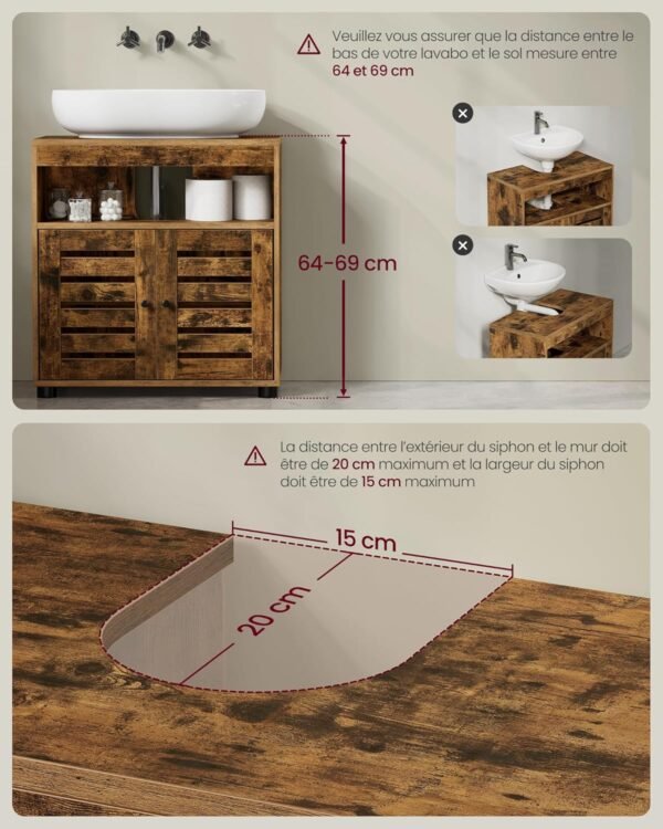 VASAGLE Meuble sous Lavabo, Meuble de Salle de Bain, Placard de Rangement, 30 x 60 x 64 cm, convient aux Lavabos sans Colonnes, avec 2 Portes Persiennes, Planche Réglable, Marron Rustique BBK04BX – Image 8
