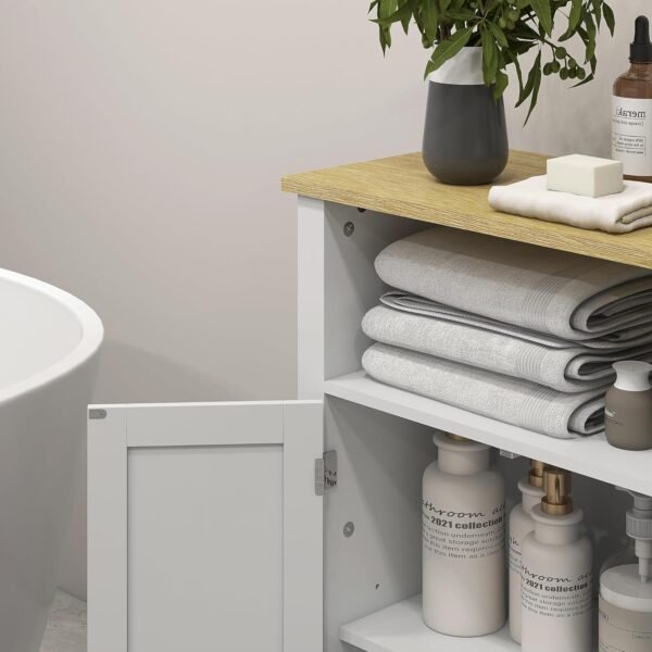kleankin Meuble Bas de Salle de Bain Multi-rangements Grande Niche Placard Double Porte avec étagère réglable en Hauteur Blanc et Naturel – Image 8