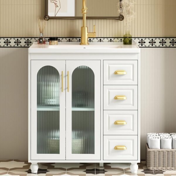 Meuble De Salle De Bain avec 4 Tiroirs Et 2 Porte Vitrée, Étagères Réglables, Meuble sous Vasque Simple 80 cm Vasque en Céramique, Poignée Dorée, Blanc