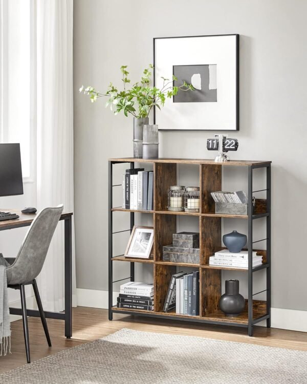 VASAGLE Meuble de Rangement 3 Niveaux, ÉtagÈre Rangement, BibliothÈque Style Industriel, 9 Cubes, pour Salon, Bureau, EntrÉe, Cuisine, 30 x 100 x 103,1 cm, Marron Rustique et Noir LLS112B01 – Image 4