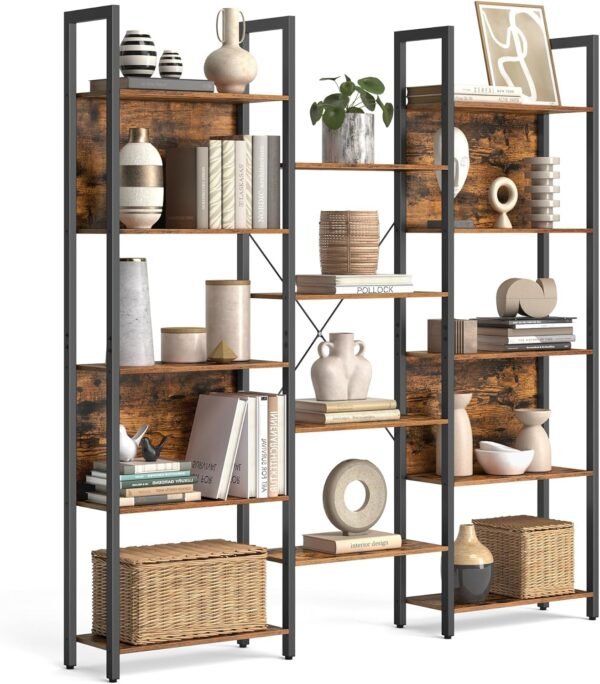 VASAGLE Bibliothèque, Étagère de Rangement, avec 14 Étagères, Cadre en Métal, Salon, Bureau, Style Industriel, 24 x 158 x 166 cm, Marron Rustique et Noir LLS107B01