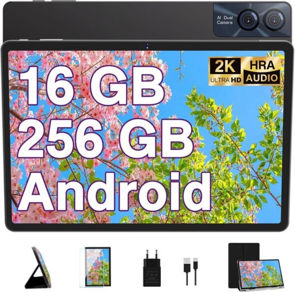Tablette Android Octa-Core 11 Pouces, 16 Go RAM + 256 Go ROM (1 to TF) | 5G + 2,4 G WiFi | 8600 mAh | 13 MP + 5 MP, Tablette Tactile avec étui de Protection, Clavier et Souris - Noir