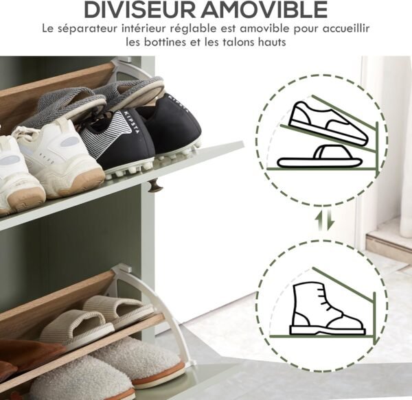 HOMCOM Meuble à Chaussures, 2 Portes battantes, 2 tiroirs réglables, bohème Chic en Bois Effet rotin – Image 6