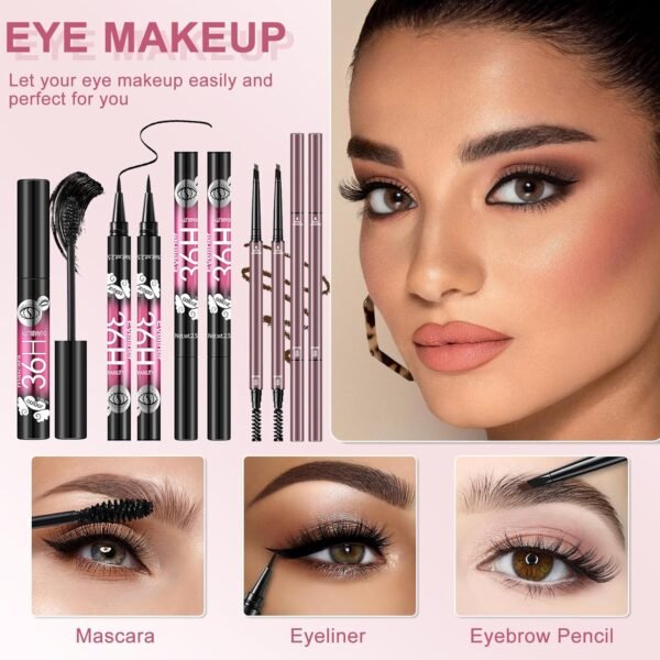 Muiefe Kit Maquillage Femme, Mallette et Coffret de Maquillage Ado Fille, Coffret Cadeau Maquillage avec Palette à Yeux Correcteurs Contour Fond de Teint Mascara Gloss à Lèvres Eyeliner Crayon Sourcil – Image 4