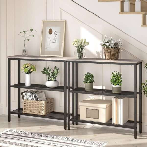 HOOBRO Table Console, Table d'Appoint avec 2 Étagères de Treillis, Table Canapé, Cadre en Métal, Design Industriel, pour Couloir, Entrée, Salon, Chambre et Bureau, Grège EBG73XG01 – Image 2