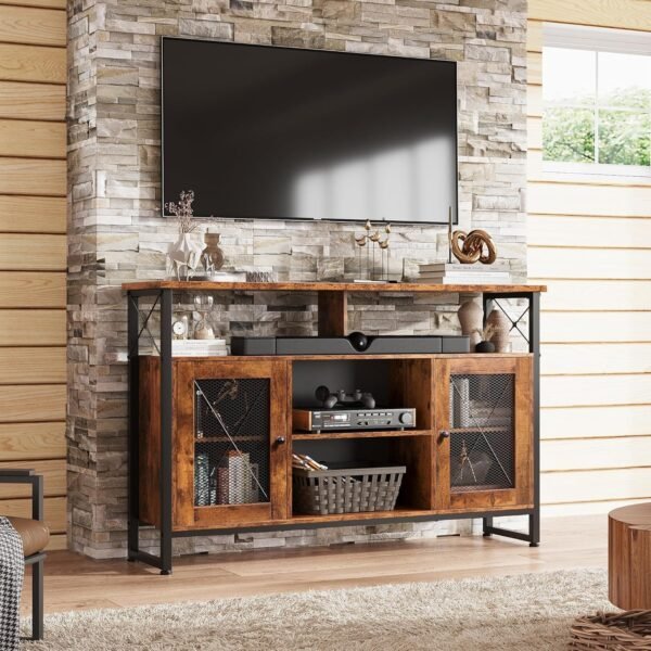 WLIVE Meuble TV Support pour Téléviseur Jusqu à 65 Pouces, Banc TV Meuble TV Haut avec Étagères Réglables, Meuble TV 128 cm Longueur Style Rustique Marron Rustique pour Salle à Manger, Chambre – Image 7