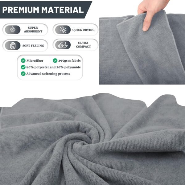 Rainleaf Serviette de voyage en microfibre à séchage rapide, ultra compacte, super absorbante, débarbouillettes pour salle de bain, douche, camping, randonnée, gris, 61 x 121,9 cm – Image 2