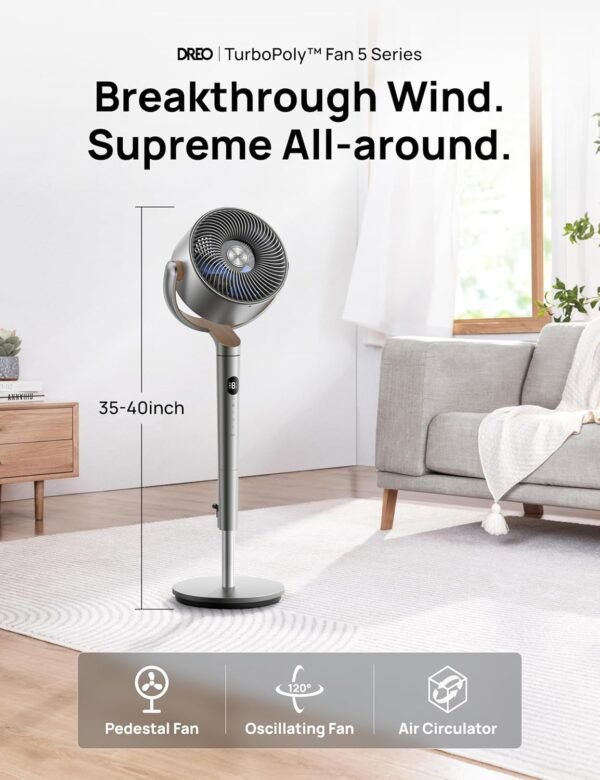 Dreo 20 dB Smart Ventilateur Silencieux sur Pied, Oscillation à 120° + 120°, Ventilateurs Puissants avec Télécommande, Portée de 24 m, 6 Modes, 8 Vitesses, Minuterie de 12 h, Compatible avec Alexa – Image 2