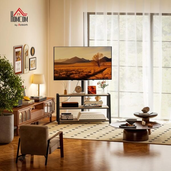 HOMCOM Meuble TV avec Support orientable 35°, Meuble télé pour téléviseurs de 32-70 Pouces, étagères Ouvertes, Banc TV Industriel pour Salon Chambre à Coucher, 108x41x135cm, Effet Bois Naturel – Image 2