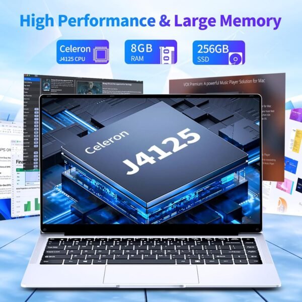 Ordinateur Portable Win11 Pro Celeron J4125 PC Portable, Laptop écran IPS FHD 14,1 Pouces, (8 Go LPDDR4 RAM 256 Go SSD ROM), PC Portable Convertible 180°, Mini HDMI protège Clavier français – Image 3