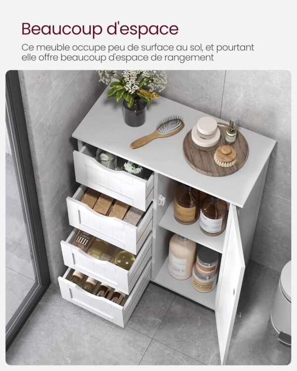 VASAGLE Meuble Salle de Bain Rangement, Armoire Gain de Place, Commode, avec 4 Tiroirs, Placard avec Porte, Étagère Réglable, 30 x 55 x 82 cm, Blanc Nuage LHC41W – Image 4
