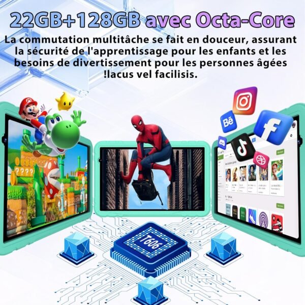 JUEDUR Android 15 Tablette Enfants 10 Pouces, 22Go RAM+128Go ROM(TF 1To), Octa-Core, 8000mAH, WiFi 6, 5+8MP, Contrôle Parental, avec EVA Étui de Protection Antichoc, 360° Rolatif Support (Vert Clair) – Image 4