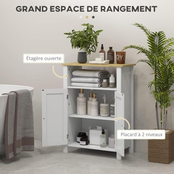 kleankin Meuble Bas de Salle de Bain Multi-rangements Grande Niche Placard Double Porte avec étagère réglable en Hauteur Blanc et Naturel – Image 4