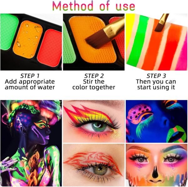 Teekerwan 8 couleurs néon peinture pour le visage Eyeliner maquillage, Aqua - activé Eyeliner Palette UV Luminescent durable Fluorescent visage et corps peinture avec pinceau pour Halloween Noël (01) – Image 4