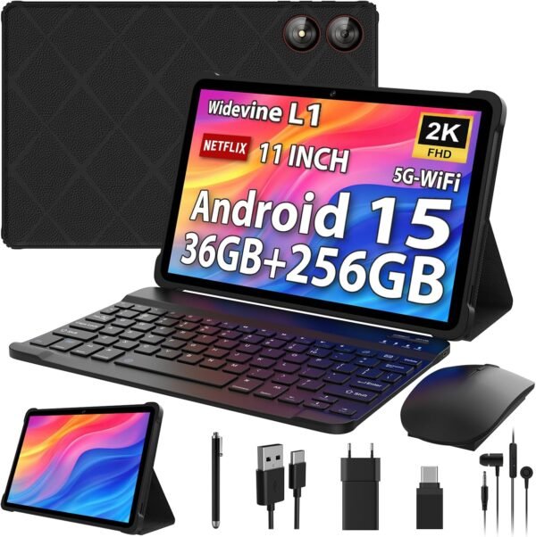 PIXGOOD 2025 Tablette 11 Pouces avec Android 15, 36GB+256GB, INCELL 2000 * 1200, Octa Core, 13MP+8MP, WidevineL1/9000mAh/5G WiFi/BT5.0/OTG/GPS-Tablette avec Clavier (Noir)