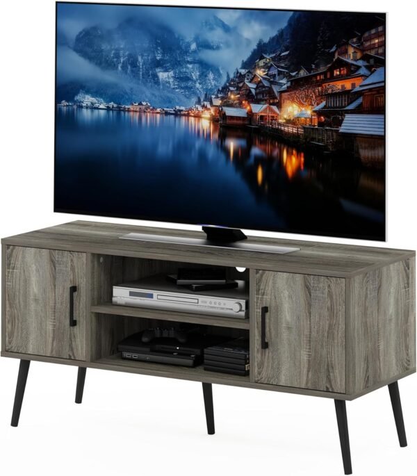 Furinno Claude Meuble TV de Style Milieu du Siècle avec Pieds en Bois, pour Téléviseur Jusqu'à 50 Pouces, Deux Armoires, Engineered Wood, Chêne Français Gris, Two Cabinets