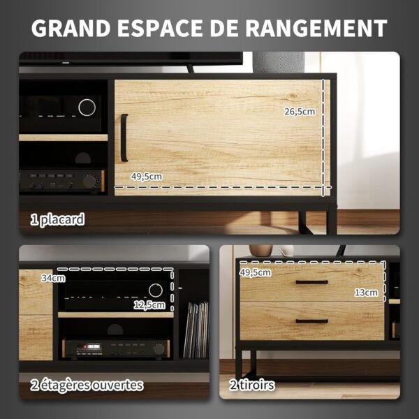 HOMCOM Meuble TV Meuble télé Bois Banc TV pour téléviseur jusqu'à 60 Pouces avec Placard, Compartiments Ouverts, 2 tiroirs, étagère réglable et Passe-câbles pour Salon Chambre à Coucher, Bois Naturel – Image 4