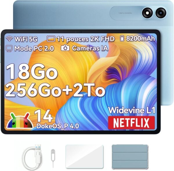 Blackview Tab9WiFi Tablette 11 Pouces 2K FHD+, 18Go + 256Go (TF 2To), Octa Core Tablette Gaming, Android 14, Gemini AI, Tablette Tactile avec Widevine L1, 8200mAh, GMS, Bluetooth 5.0, Face ID