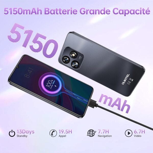 OUKITEL C51 - Téléphones Portables Débloqués Android 14, 6.8 Pouces Smartphones Pas Cher 4G,18 Go (6+12)RAM +128Go/SD-1To, Téléphone Portable 5150mAh,Octa core,13MP+5MP/Face ID/GPS/2Ans Garantie,Noir – Image 4