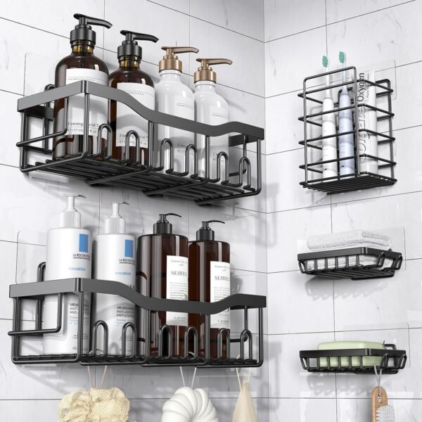 Eudele Lot de 5 paniers de douche adhésifs pour salle de bain et cuisine, sans perçage, grande capacité, organisateur de salle de bain en acier inoxydable antirouille, étagères de douche pour douche