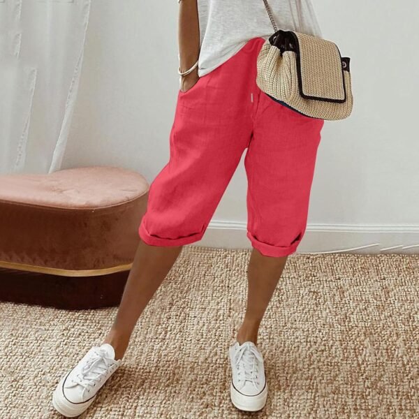 Short longueur genou pour femme Taille élastique Pantalon d'été décontracté Solide et léger Short court long avec poches Tenue Sport Femme Vetement Femme Chic – Image 2