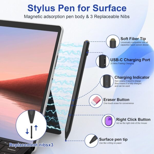 Stylet Surface Pen pour Microsoft Surface Pro 11/9/8/7/6/5/4/3, Surface Go 4/3/2 Surface Laptop/Studio/Book 4/3/2 avec 4096 Touches d'impression, Palm Rejection, Microsoft Surface Go Accessoires – Image 3