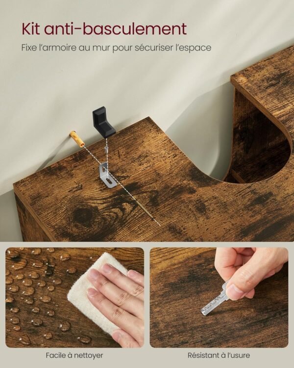 VASAGLE Meuble sous Lavabo, Meuble de Salle de Bain, Placard de Rangement, 30 x 60 x 64 cm, convient aux Lavabos sans Colonnes, avec 2 Portes Persiennes, Planche Réglable, Marron Rustique BBK04BX – Image 7