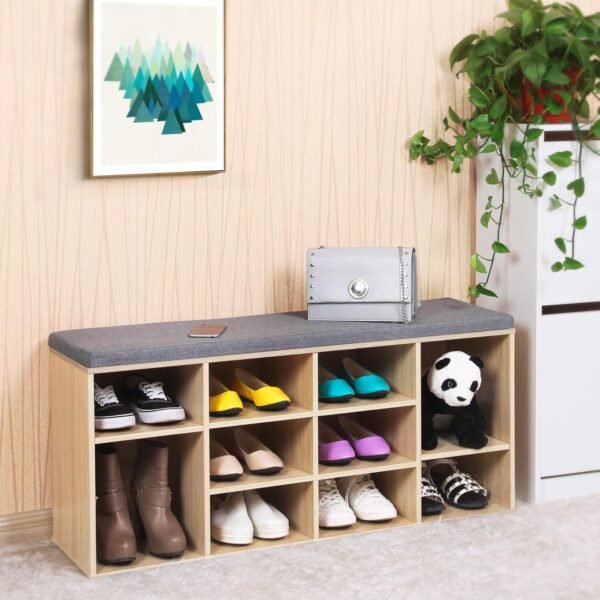 VASAGLE Banc à Chaussures, Banc de Rangement avec Coussin Rembourré, 10 Compartiments, Étagères Réglables, pour Salon, Couloir, 30 x 104 x 48 cm, Couleur Boisée et Gris LHS10NL – Image 2