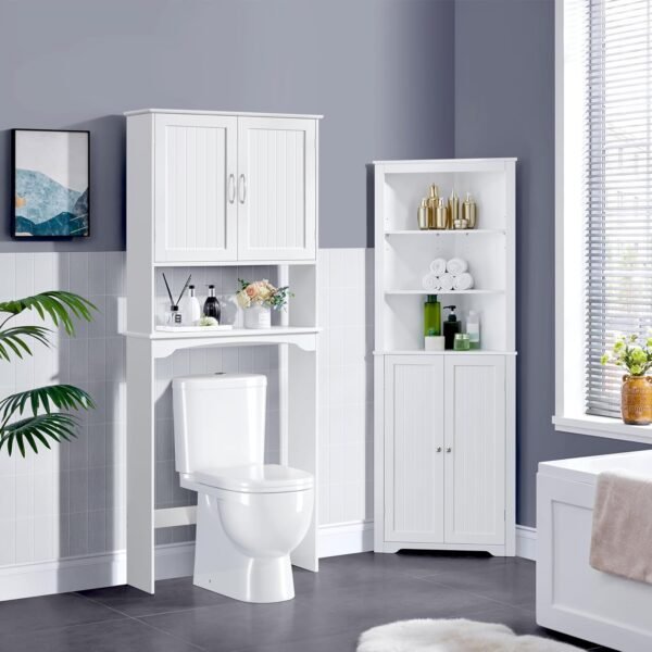 Yaheetech Meuble WC Dessus de Toilette/Machine à Laver, 75 x 23 x 180 cm, Armoire de Rangement de Salle de Bain avec 2 Étagères Réglables et 1 Compartiment Ouvert, Meuble Colonne sur Pied Blanc – Image 2