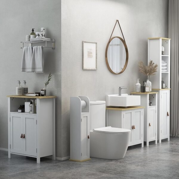 kleankin Meuble Bas de Salle de Bain Multi-rangements Grande Niche Placard Double Porte avec étagère réglable en Hauteur Blanc et Naturel – Image 2