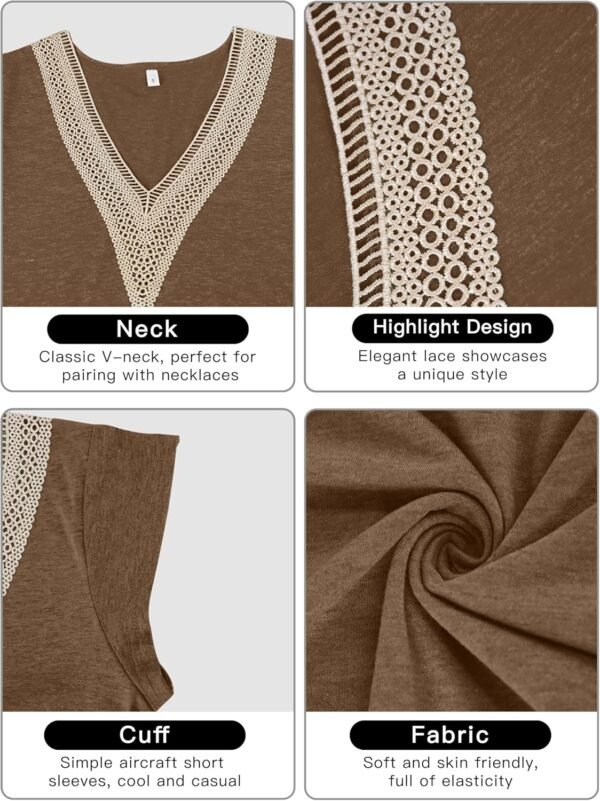 PLOKNRD T-Shirt D'été à Manches Courtes pour Femme Col en V et Élégant Décolleté Dentelle Été Top Lâche Classique – Image 5