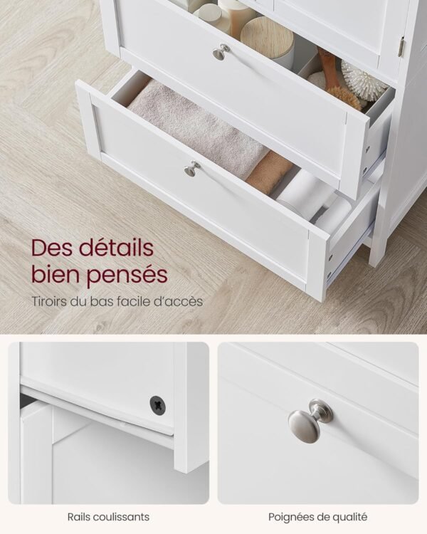 VASAGLE Armoire de Salle de Bain, Meuble de Rangement, Placard de Cuisine avec 2 Portes, 2 Tiroirs, Étagères Réglables, 30 x 60 x 110 cm, Blanc BBC551P31 – Image 6