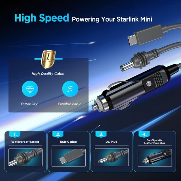 Hugener Câble 3 en 1 pour Starlink Mini - 3 m USB C/Chargeur de Voiture/Câble de Rechange DC vers DC - Rallonge Étanche pour Accessoires Power – Image 4