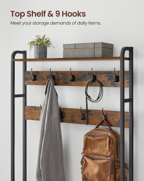 VASAGLE Meuble d’Entrée avec Banc, 9 Crochets et Étagère, Porte-Manteaux, Vestiaire, pour Couloir, Chambre, Style Industriel, Marron Rustique et Noir HSR405B01 – Image 5