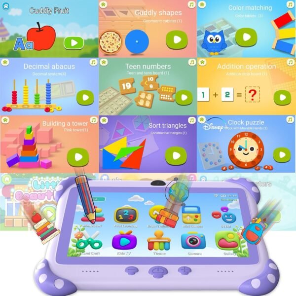 Ascrecem Tablette Enfants 7 Pouces Android Tablette Educative pour Enfant avec WiFi Quad Core 32G ROM Bluetooth ContrôLe Parental Logiciel Enfant Pré-Installé Tablet Tactile de 3-14 ans Fille (Violet) – Image 2