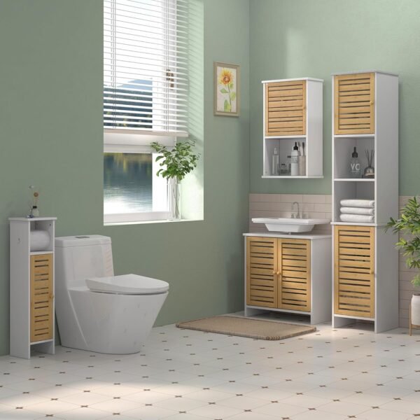 HOMCOM Meuble sous Vasque Meuble de Salle de Bain 2 Portes avec étagère réglable Armoire de Rangement pour lavabo 60 x 30 x 60 cm en Bambou Naturel et Blanc – Image 2