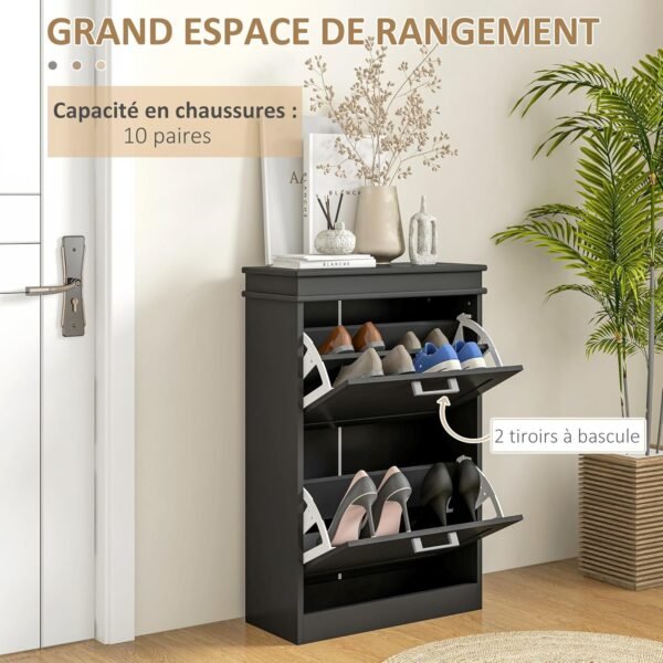 HOMCOM Meuble à Chaussures, Armoire à Chaussures, 2 Portes abattants, étagères réglables, pour entrée, Couloir, 54 x 24 x 82,5 cm, Noir – Image 4