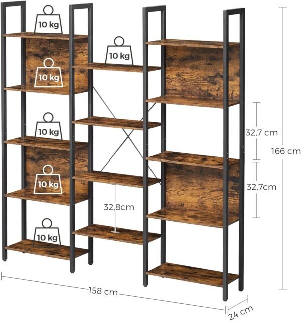 VASAGLE Bibliothèque, Étagère de Rangement, avec 14 Étagères, Cadre en Métal, Salon, Bureau, Style Industriel, 24 x 158 x 166 cm, Marron Rustique et Noir LLS107B01 – Image 3