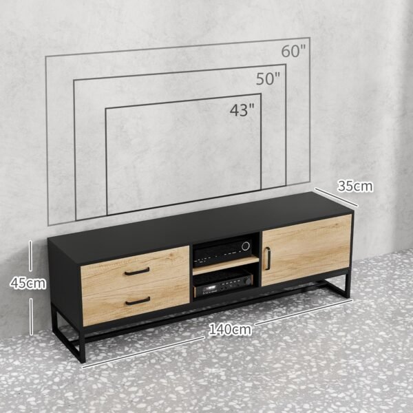 HOMCOM Meuble TV Meuble télé Bois Banc TV pour téléviseur jusqu'à 60 Pouces avec Placard, Compartiments Ouverts, 2 tiroirs, étagère réglable et Passe-câbles pour Salon Chambre à Coucher, Bois Naturel – Image 7