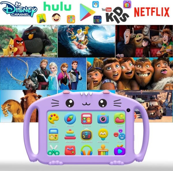 Ascrecem Tablette Educative Enfant 7 Pouces Android Tablette Enfants avec WiFi 6 Bluetooth Quad Core 2 Go RAM 32 Go ROM Tablet Bebe avec Contrôle Parental Jeux Éducatifs Étui Antichoc Youtube (Violet) – Image 2