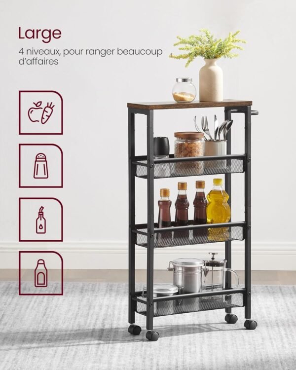 VASAGLE Desserte 4 Niveaux, Étagère de Cuisine Fin avec roulettes, Cadre en Acier, Poignée, Petit Espace, 13 x 45,4 x 77 cm, Salle de Bain, Salon, Bureau, Marron Rustique et Noir LRC032B01V1 – Image 5