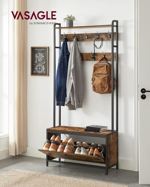 VASAGLE Meuble d’Entrée avec Banc, 9 Crochets et Étagère, Porte-Manteaux, Vestiaire, pour Couloir, Chambre, Style Industriel, Marron Rustique et Noir HSR405B01 – Image 7