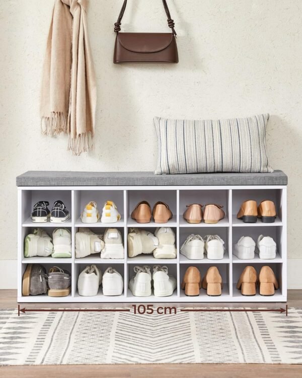 VASAGLE Banc à Chaussures, Organiseur de Chaussures avec 15 Compartiments, Siège Rembourré, pour Entrée, Couloir, Placard, Blanc Nuage et Gris Tourterelle LHS15WT – Image 6