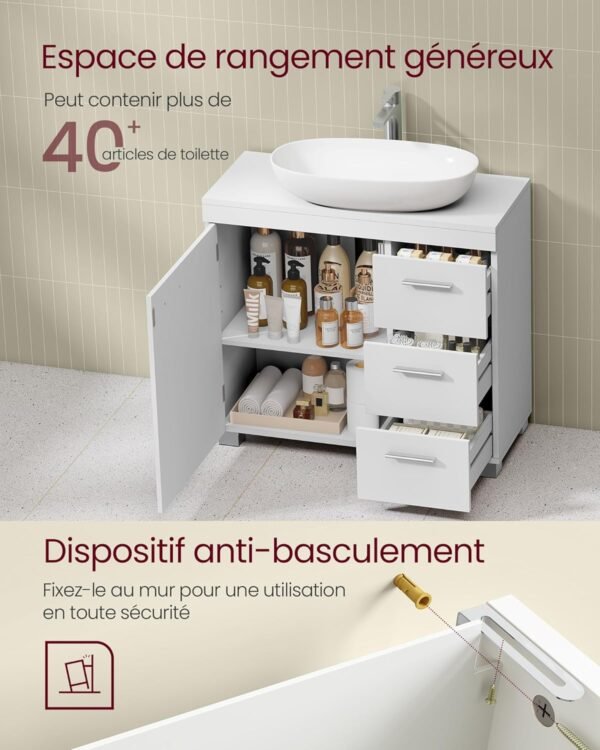 VASAGLE Meuble sous Lavabo, Meuble de Salle de Bain, 3 Tiroirs Latéraux, 2 Compartiments Derrière la Porte, avec Pieds, 30 x 70 x 64 cm, Blanc Nuage BBK503W10 – Image 6