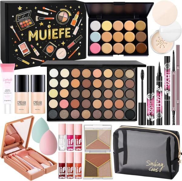 Muiefe Kit Maquillage Femme, Mallette et Coffret de Maquillage Ado Fille, Coffret Cadeau Maquillage avec Palette à Yeux Correcteurs Contour Fond de Teint Mascara Gloss à Lèvres Eyeliner Crayon Sourcil